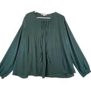 DR2 Accordion Pleated Blouse Long Sleeve Size Medium Keyhole Tie Neck Dark Green